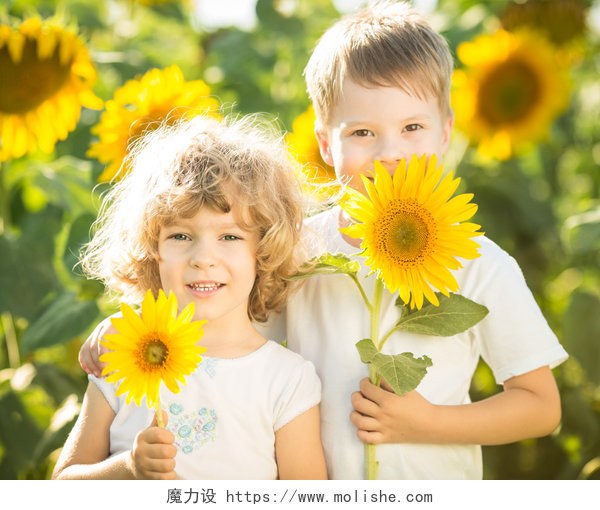 手拿向日葵的两个快乐儿童向日葵快乐儿童